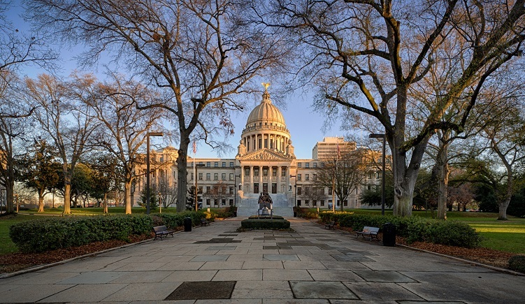 Exterior of the Mississippi State Capitol building at dawn in Jackson, Mississippi