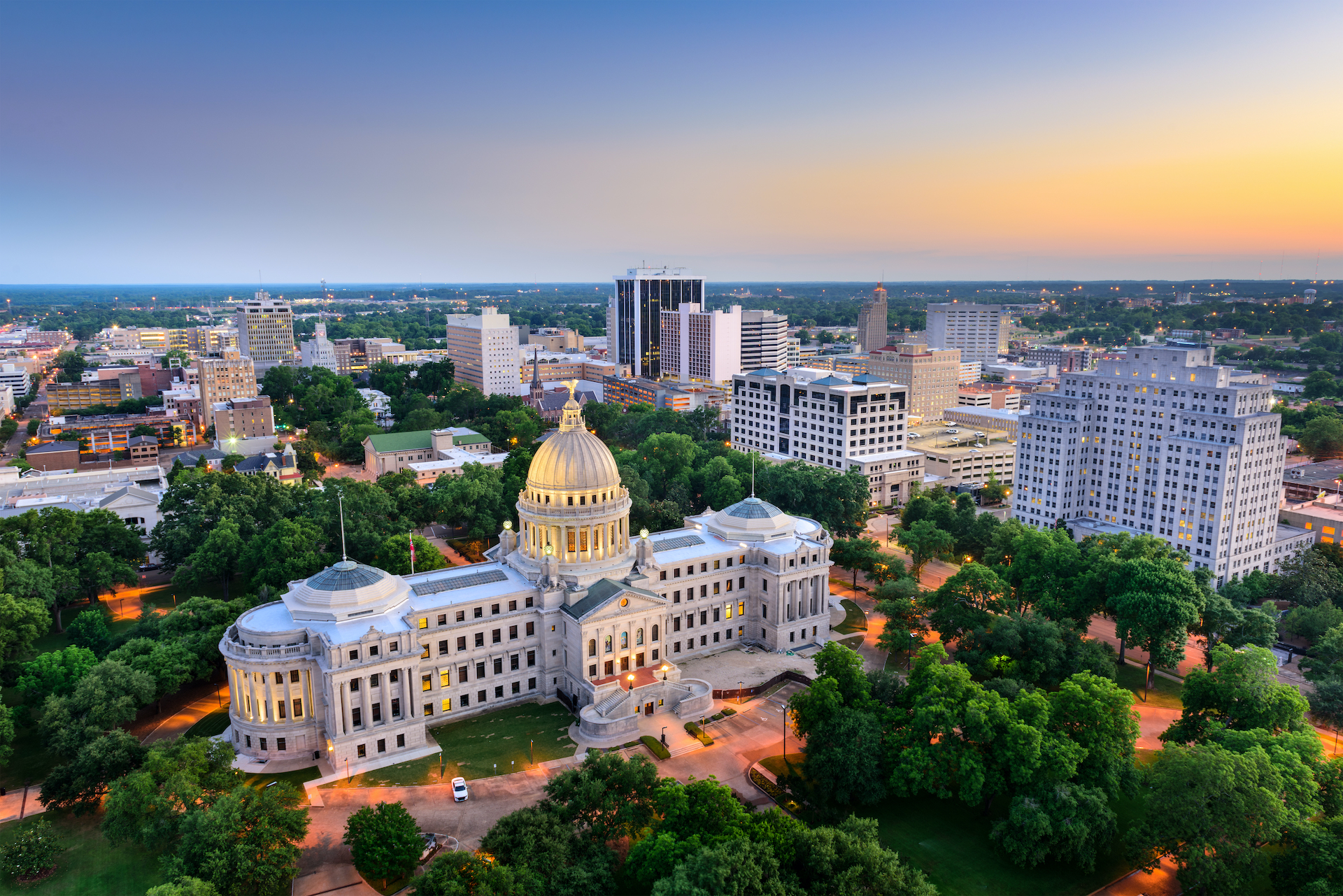 Jackson, Mississippi, USA cityscape at dusk.