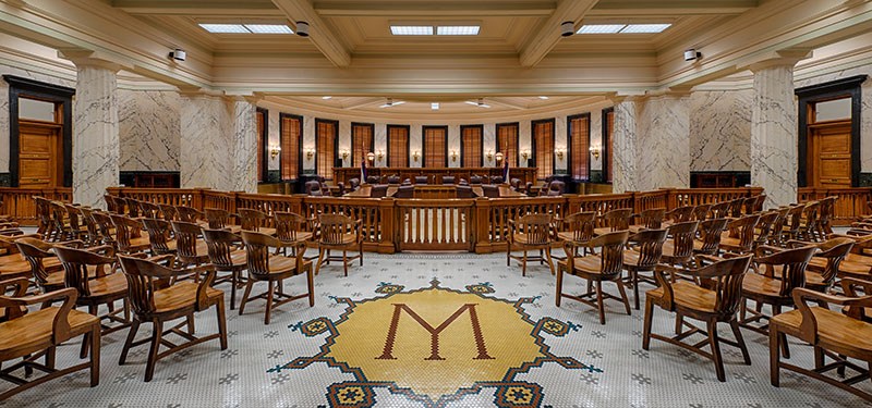 JACKSON, MISSISSIPPI - JANUARY 13: Supreme Court chamber of the Mississippi State Capitol building on January 13, 2104 in Jackson, Mississippi