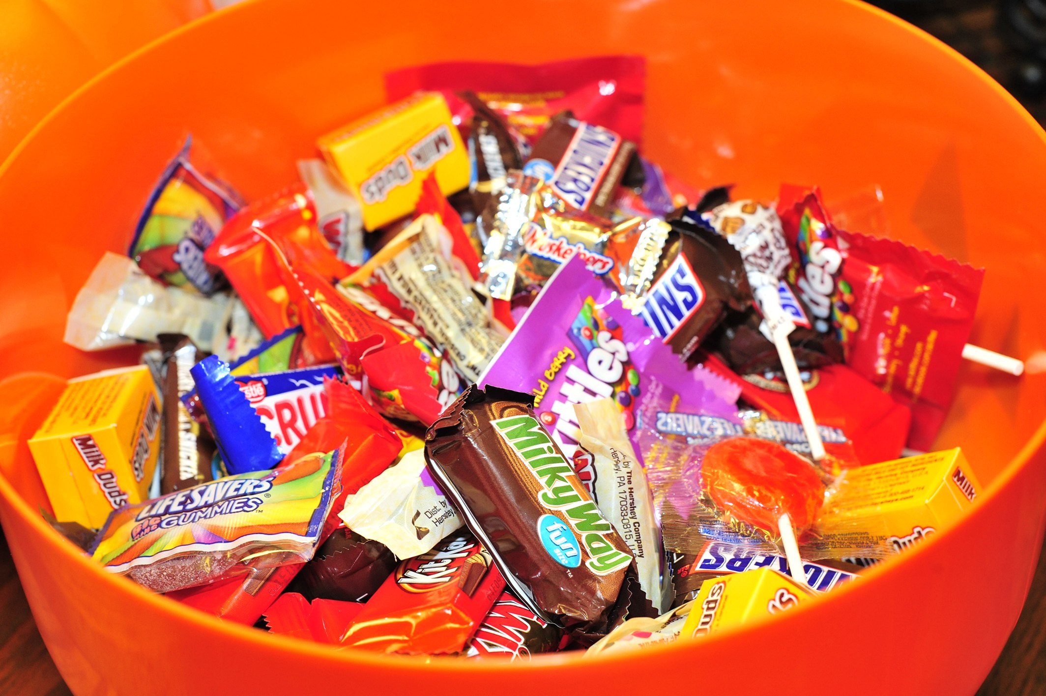 Raleigh, NC/United States- 10/31/2017: A large bowl of Halloween candy for trick-or-treaters.