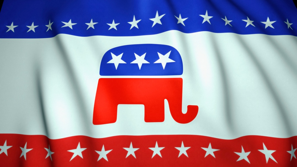 Waving,Flag,,Us,Republican,Party,Elephant,Emblem,,Background,,3d,Illustration. Waving,Flag,,Us,Republican,Party,Elephant,Emblem,,Background,,3d,Illustration.