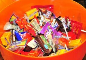 Raleigh, NC/United States- 10/31/2017: A large bowl of Halloween candy for trick-or-treaters.